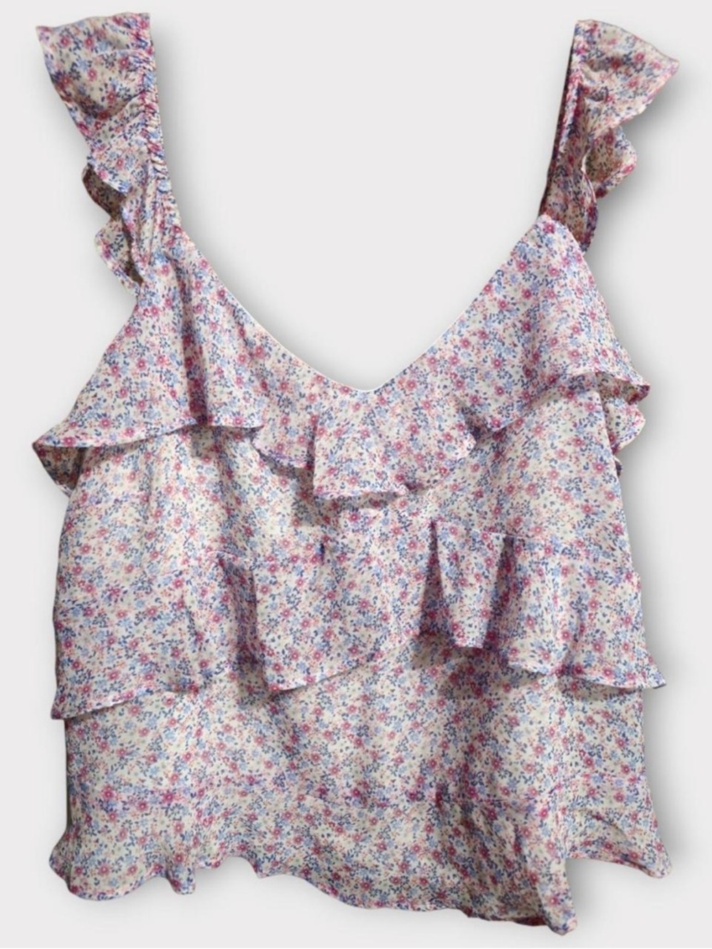 Aqua Floral Ruffle Camisole - Pink, Blue & Cream
